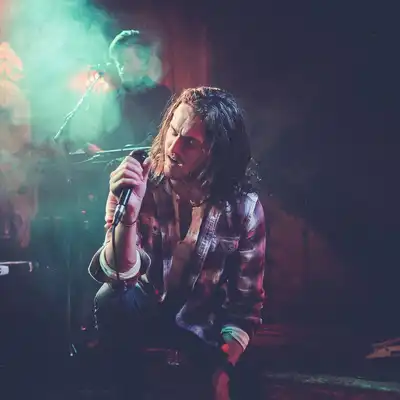 A long-haired singer in a plaid shirt crouched at a microphone in green stage haze