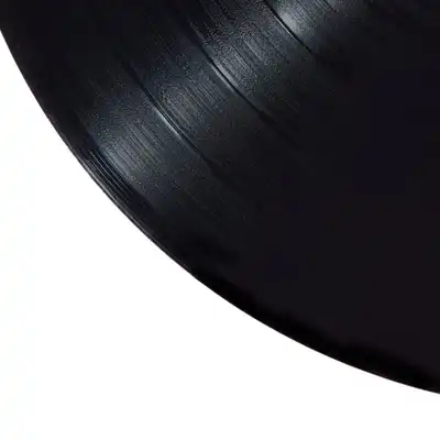 The grooved edge of a black vinyl record against white